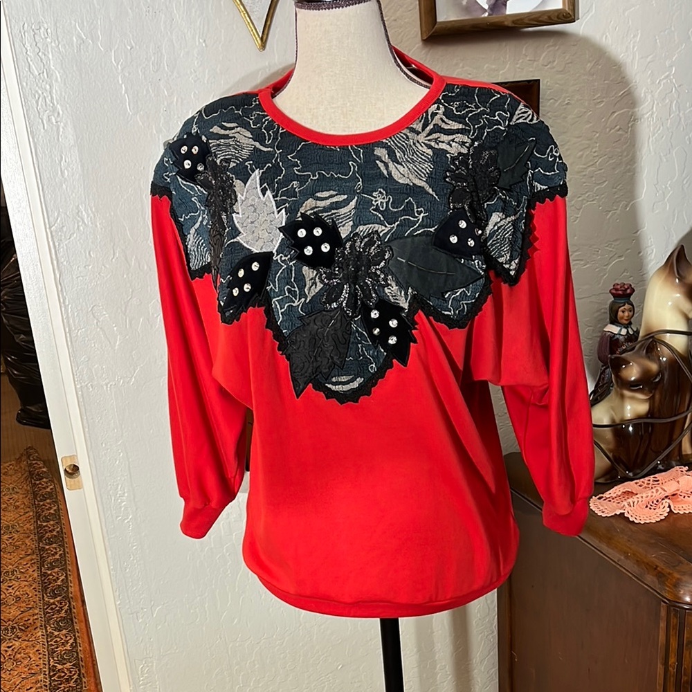 Red Women's Top with Black Lace Detailing